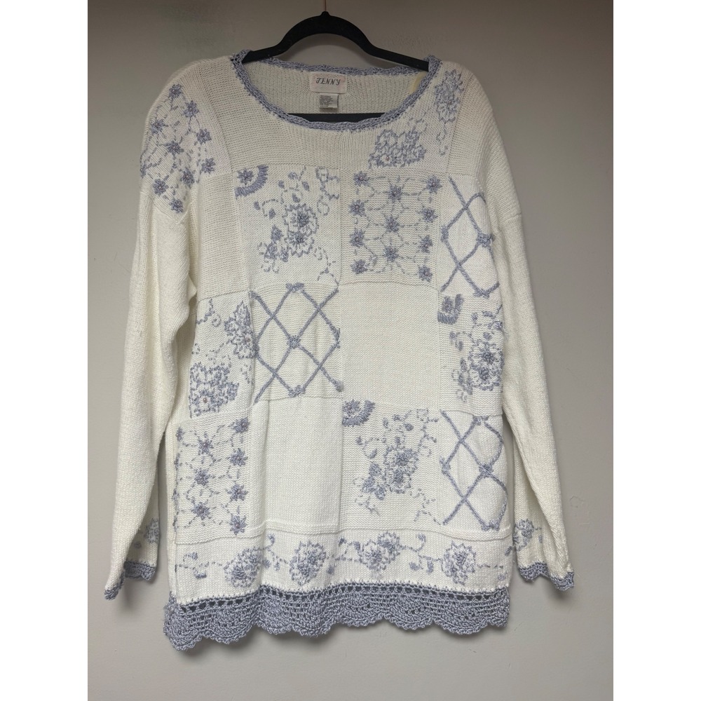 Jenny Patchwork Floral Embroidered Sweater Womens Medium White Blue Crochet Trim